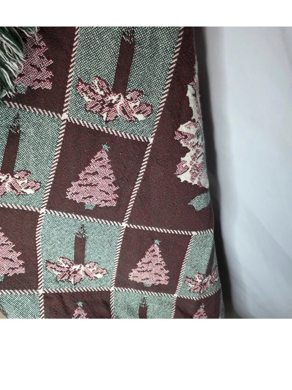 Vintage Christmas Woven Throw Blanket Wreath Tree Candle 46x54 Rustic